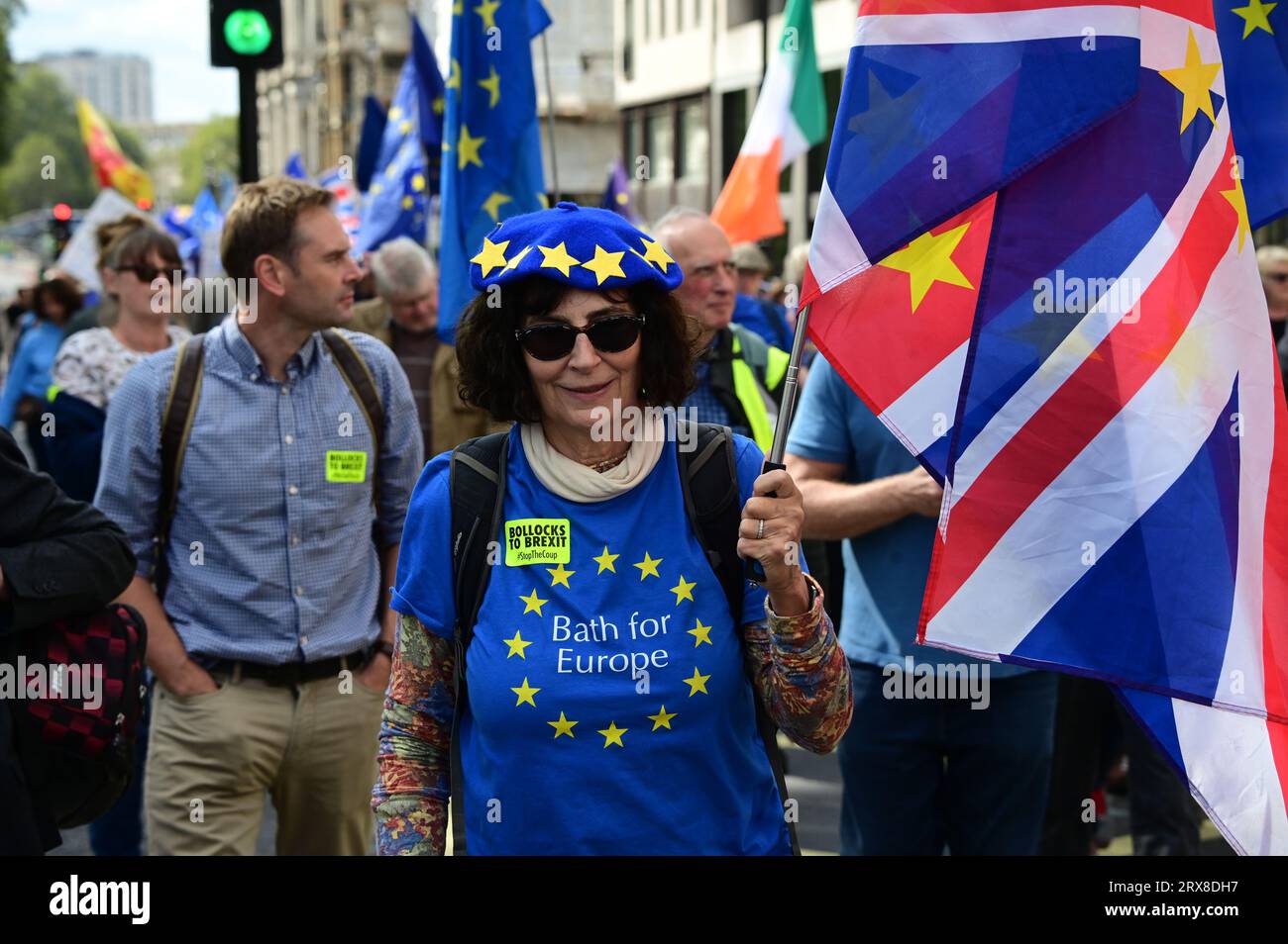 Green Park, Londra, Regno Unito. 23 settembre 2023. National Rejoin March II, c'è una notizia secondo cui la Gran Bretagna potrebbe rientrare nell'Unione europea come "membro associato" sotto i piani di Francia e Germania per l'espansione del blocco. Credito: Vedere li/Picture Capital/Alamy Live News Foto Stock
