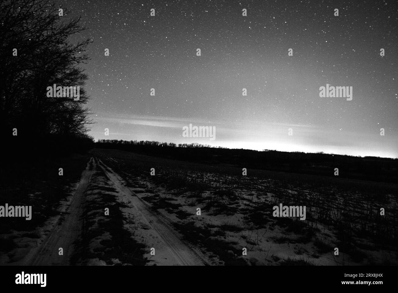 La strada tormentata conduce all'oscurità monocromatica accanto a un campo innevato sotto le stelle. Foto Stock