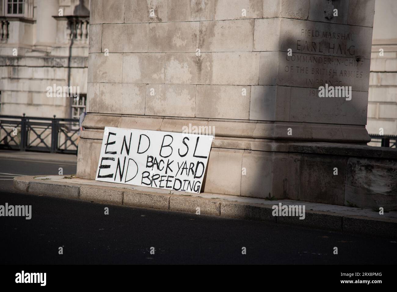 Londra, Regno Unito. 23 settembre 2023. Durante la protesta del bullo XL viene mostrato un segno. I proprietari dei bulli XL provenienti da tutto il paese si sono riuniti a Londra per protestare contro il piano di Rishi Sunak di vietare la razza del cane bullo XL americano. La razza sarà vietata entro la fine di quest'anno a seguito di una serie di attacchi. (Foto di Loredana Sangiuliano/SOPA Images/Sipa USA) credito: SIPA USA/Alamy Live News Foto Stock