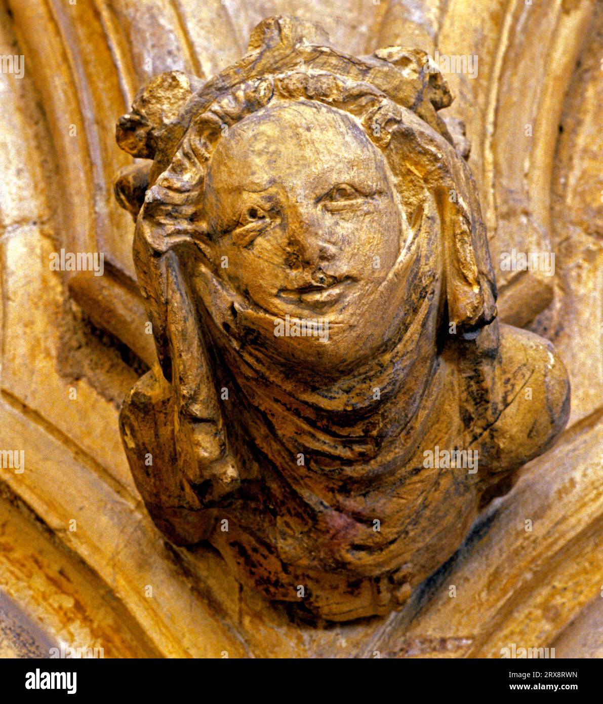 Beverley Minster, Yorkshire, Queen Isabella, moglie di Edward II, "She Wolf of France", Corbel, medievale, intaglio in pietra, Inghilterra Foto Stock