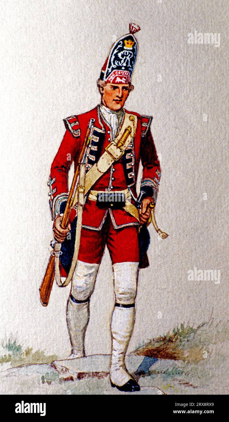 Granatiere britannico, soldato, Redcoat, 1751, pittura, XVIII secolo, stampa militare Foto Stock