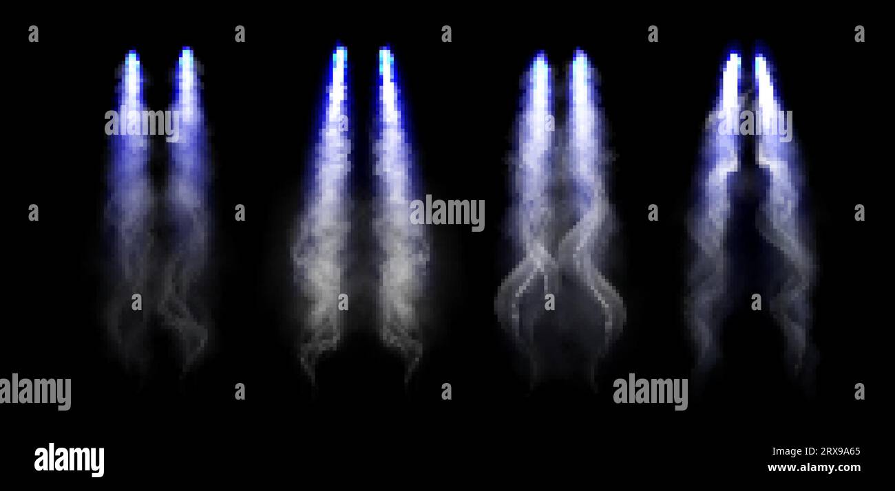Tracce realistiche di condensazione degli aerei su sfondo nero. Illustrazione vettoriale di linee di fumo blu neon lasciate dagli aerei, contraglia di lancio dei missili Illustrazione Vettoriale