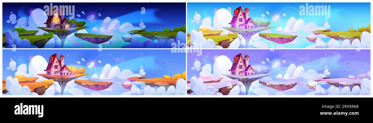 La casa magica galleggia sul set di cartoni animati vettoriali della stagione paesaggistica della piattaforma. illustrazione da favola con isola galleggiante nel cielo e capanna fantasy in autunno, a vento Illustrazione Vettoriale