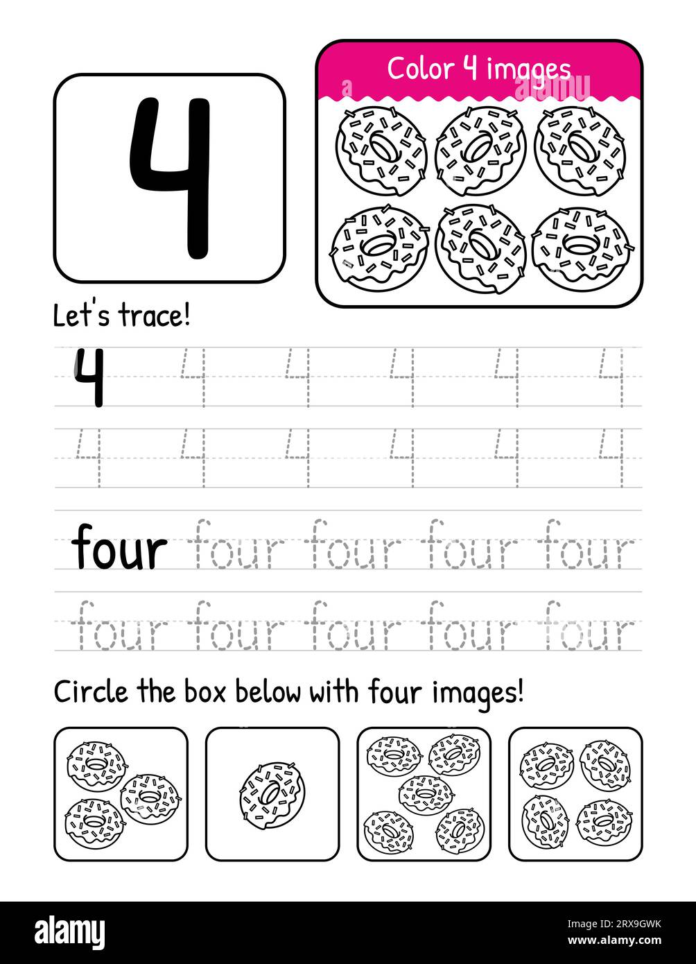 Pagina del foglio di lavoro interno del libro di ricalco di Word e Number Four con attività di colorazione e conteggio Illustrazione Vettoriale