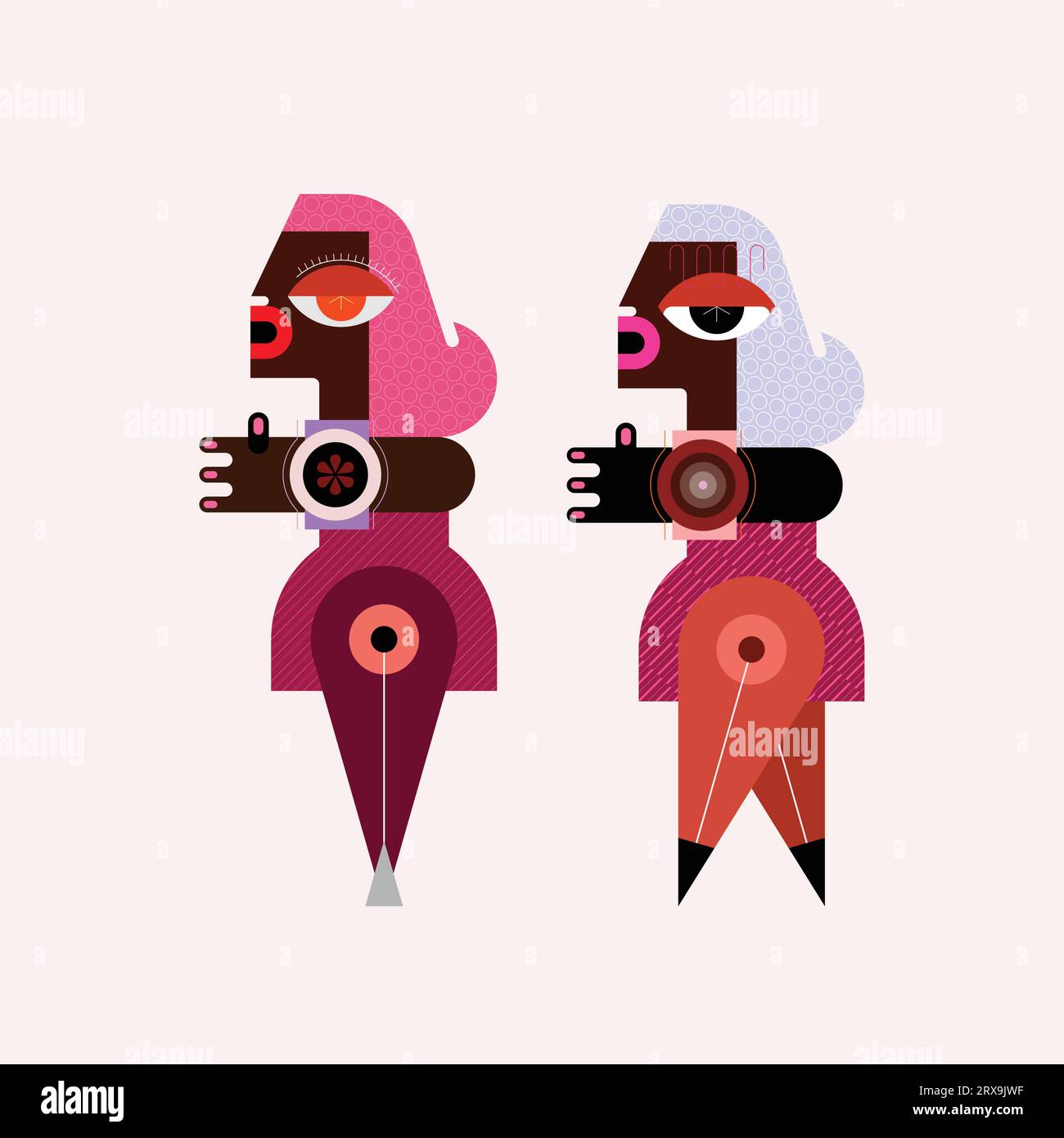 Due opzioni colorate di un modello femminile astratto isolato su uno sfondo bianco. Stile geometrico donna, character design a lunghezza intera, illustrazioni vettoriali Illustrazione Vettoriale