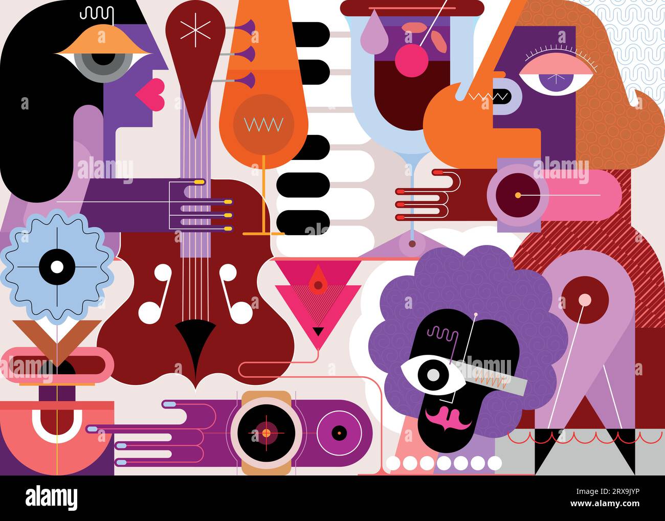 Un uomo dai capelli lunghi che gioca a contrabbasso, una donna prende un cocktail a una festa jazz. Mix creativo di persone diverse, bicchieri da cocktail e strumenti musicali. Illustrazione Vettoriale