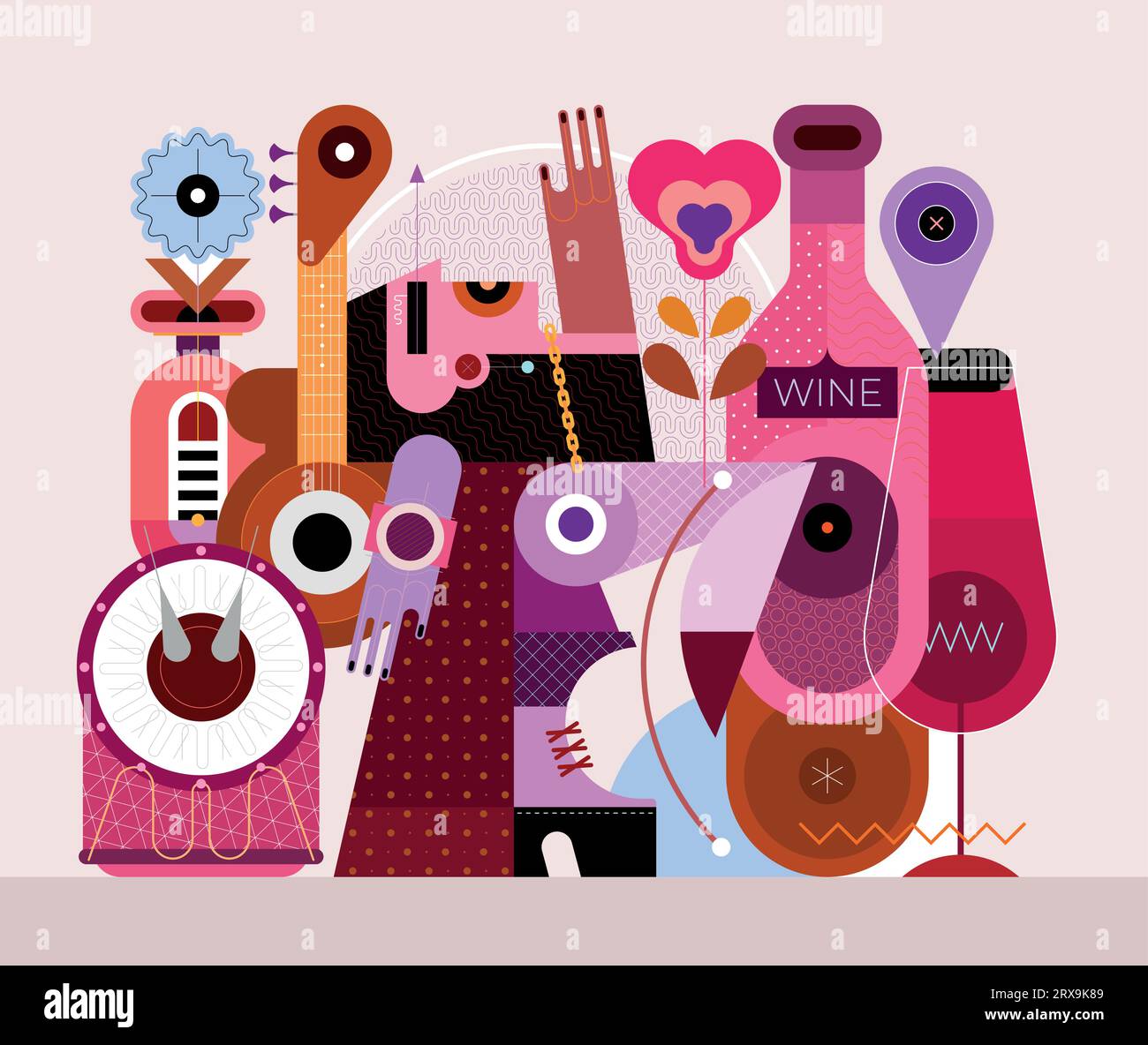 Danza appassionata di persona con capelli lunghi durante un cocktail party illustrazione vettoriale. Design creativo di strumenti musicali, bicchieri da cocktail, fiori e Illustrazione Vettoriale