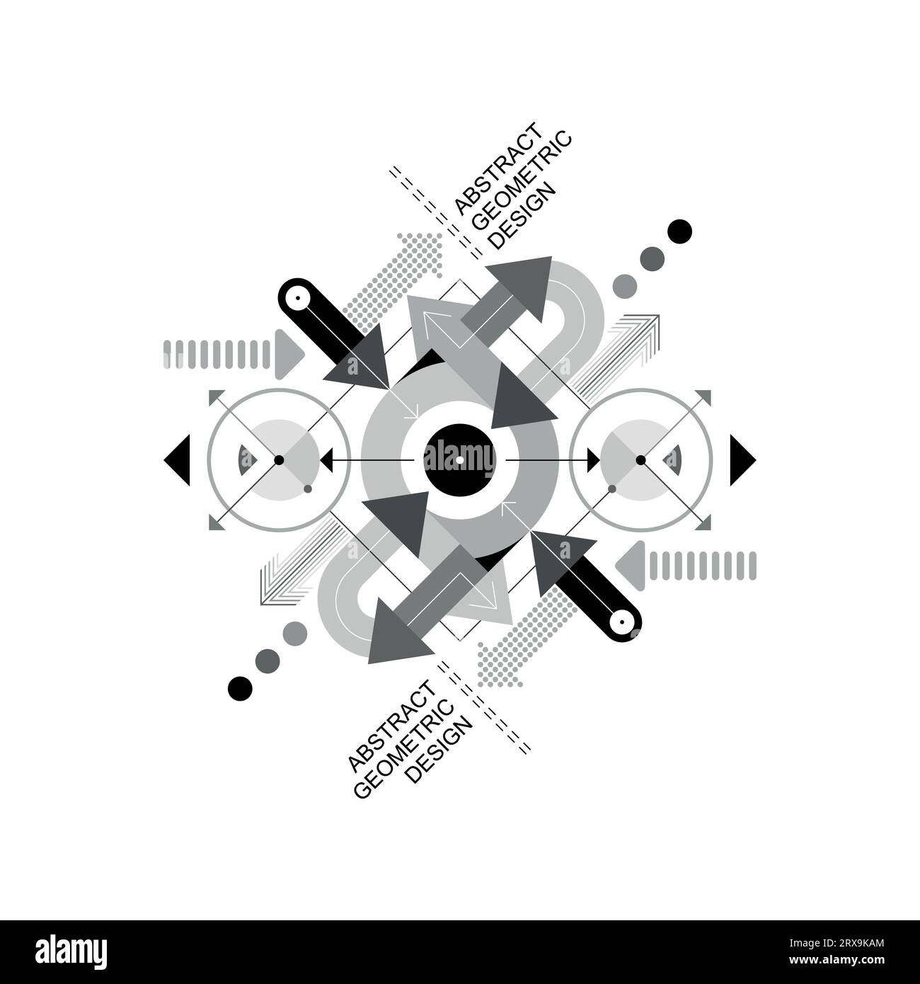 Design astratto di forme geometriche, arrotondamenti e molte frecce che puntano in direzioni diverse. Immagine vettoriale in scala di grigi isolata su sfondo bianco. Illustrazione Vettoriale