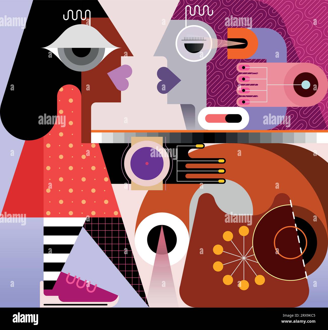 Illustrazione vettoriale in stile geometrico di due donne che chiamano con un telefono retrò. Una donna a lunghezza intera tira la mano su un telefono rotante, un'altra donna tiene un Illustrazione Vettoriale