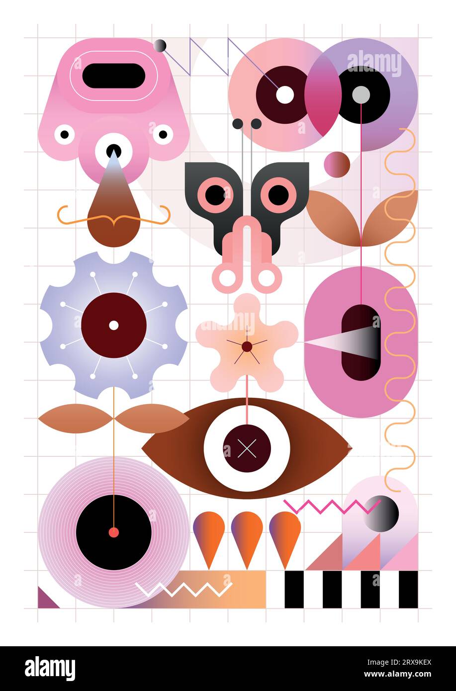 Illustrazione vettoriale dei fiori estivi con effetto gradiente. Disegno geometrico astratto di farfalle e fiori in fiore su sfondo bianco. Illustrazione Vettoriale