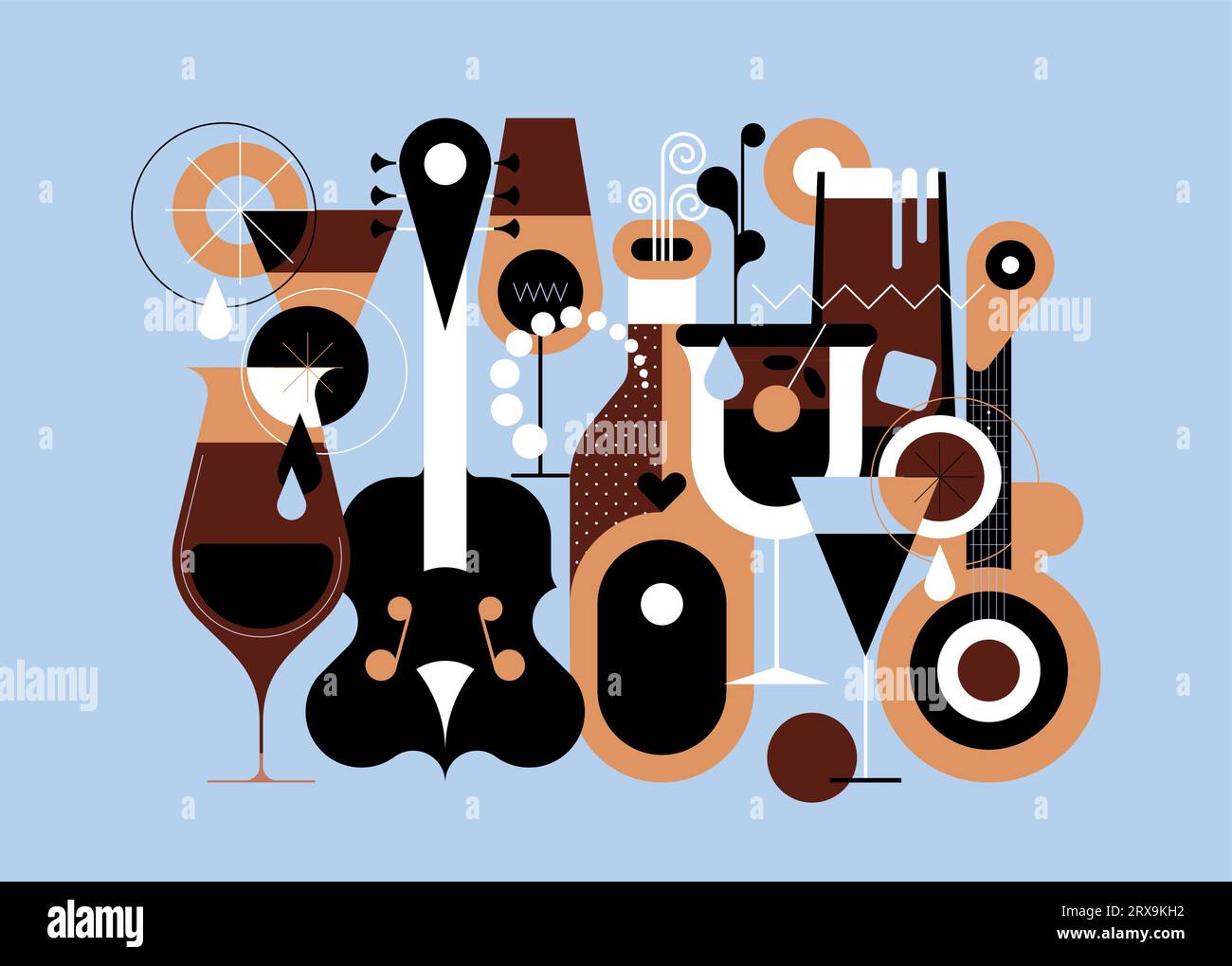 Design vettoriale piatto di diversi bicchieri da cocktail, una bottiglia di bevanda acohol e strumenti musicali isolati su uno sfondo blu chiaro. Illustrazione Vettoriale