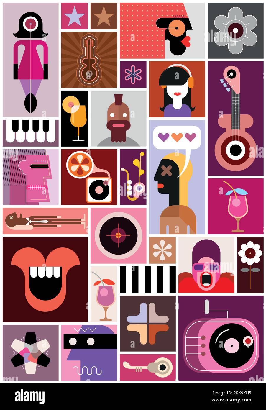 Il design vettoriale di poster per musica e cocktail party include molte immagini diverse di persone, strumenti musicali, bicchieri da drink ed elementi decorativi. EAC Illustrazione Vettoriale