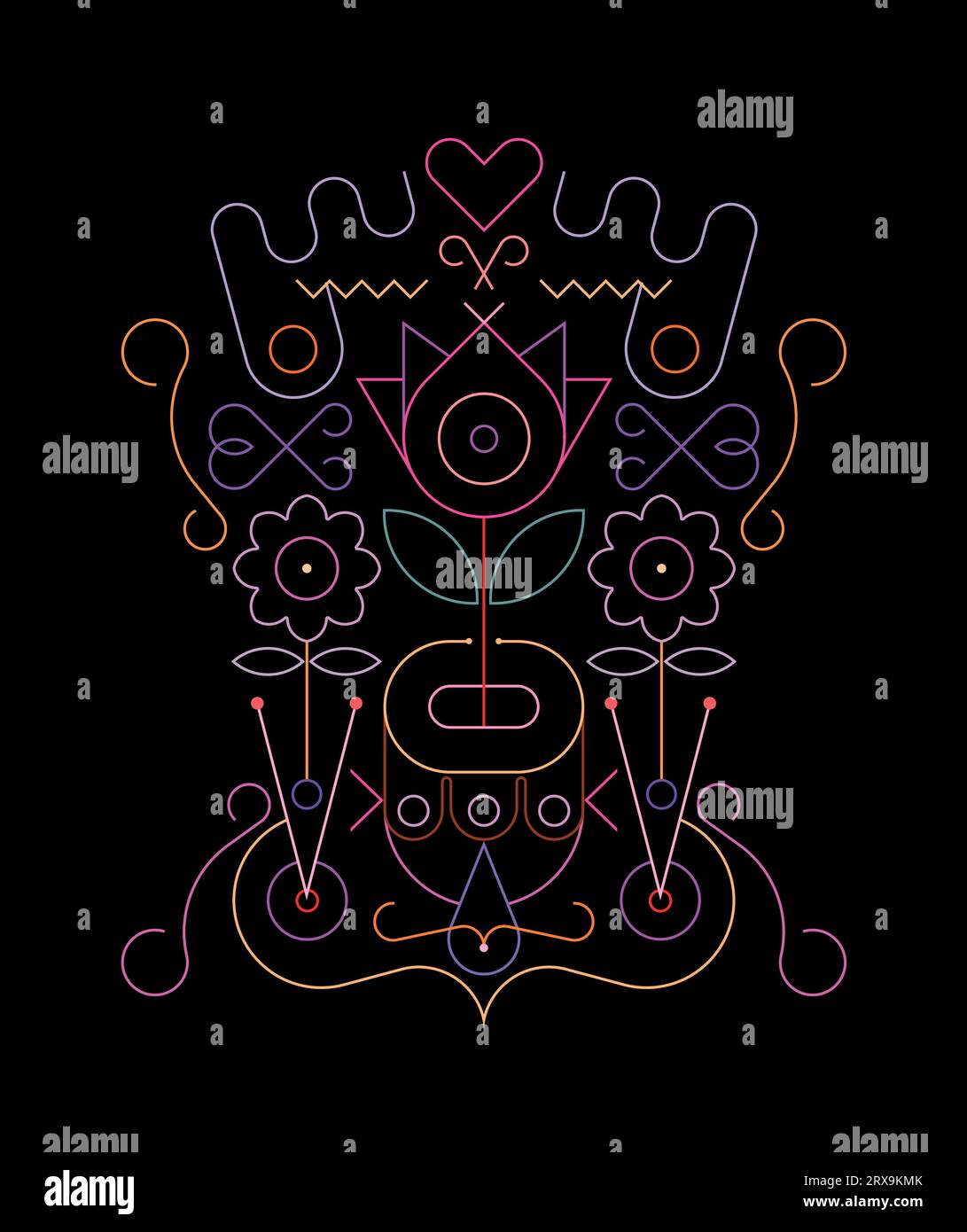 Colori al neon isolati su sfondo nero. Disegno tatuaggio floreale astratto illustrazione grafica vettoriale. Illustrazione Vettoriale