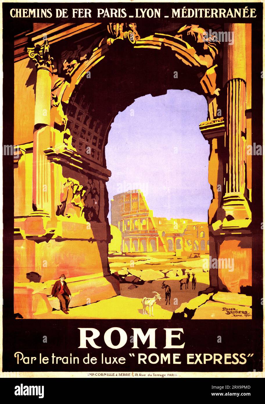 Rome par le train de luxe "Rome Express", poster di viaggio per PLM, 1921 Chemins de fer Paris-Lyon-Méditerranée. Roma, par le train de luxe "Rome Express". Poster di viaggio che pubblicizza la ferrovia Parigi-Lione-Mediterraneo e il treno di lusso Rome Express, di Roger Broders, Roma, 1921. Foto Stock