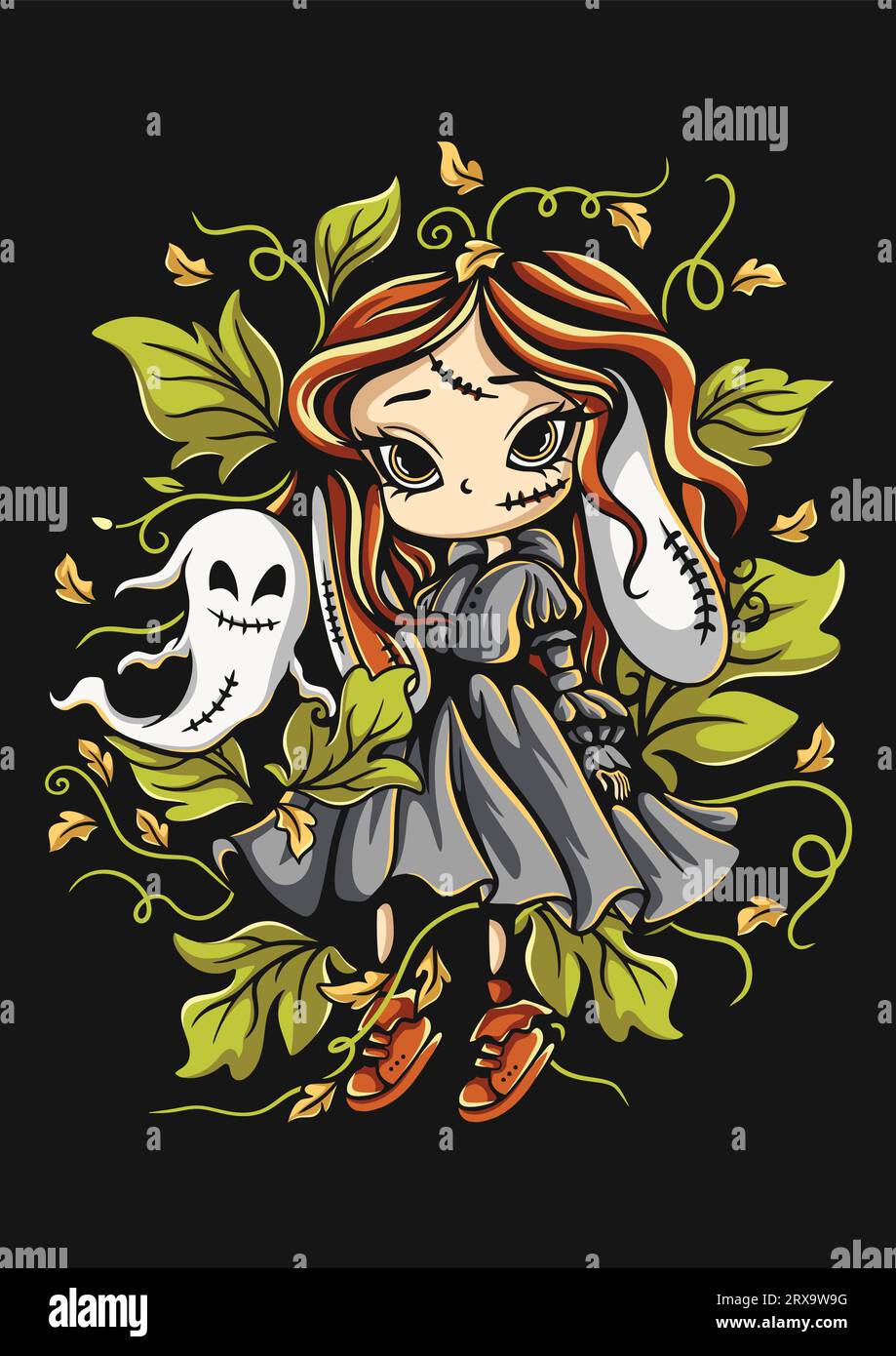 Maglietta in costume da Halloween Scary Halloween Girl dal design carino. Illustrazione Vettoriale