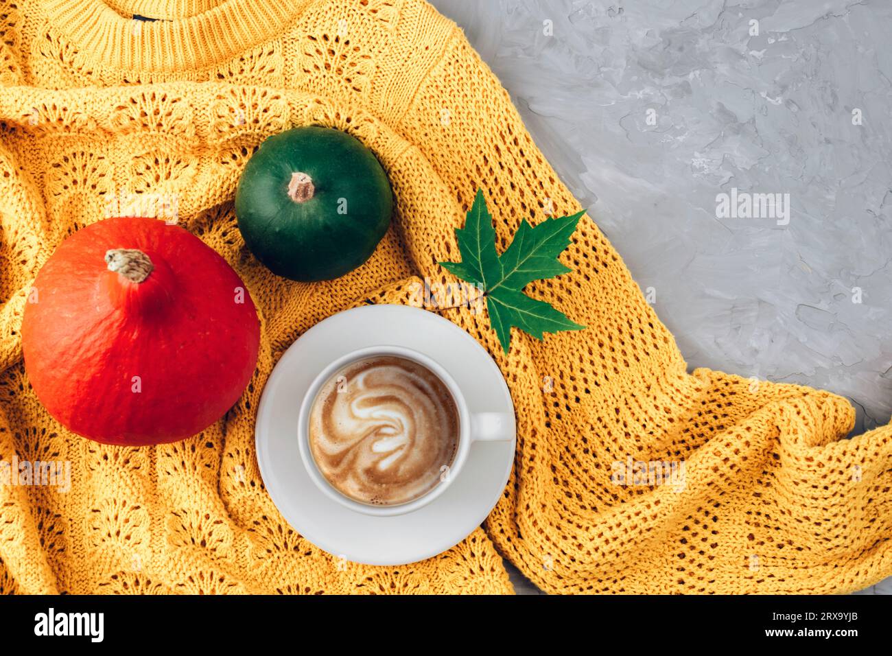 Piano autunnale con zucche arancioni e verdi e tazza di caffè su un maglione giallo su sfondo grigio in cemento. Vista dall'alto, spazio di copia. Foto Stock
