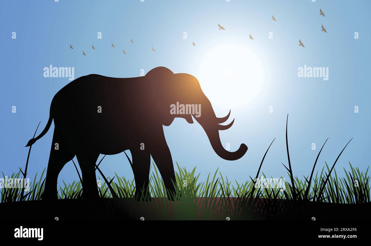 Silhouette con design a elefante. Illustrazione vettoriale in stile minimalismo disegnata a mano Illustrazione Vettoriale