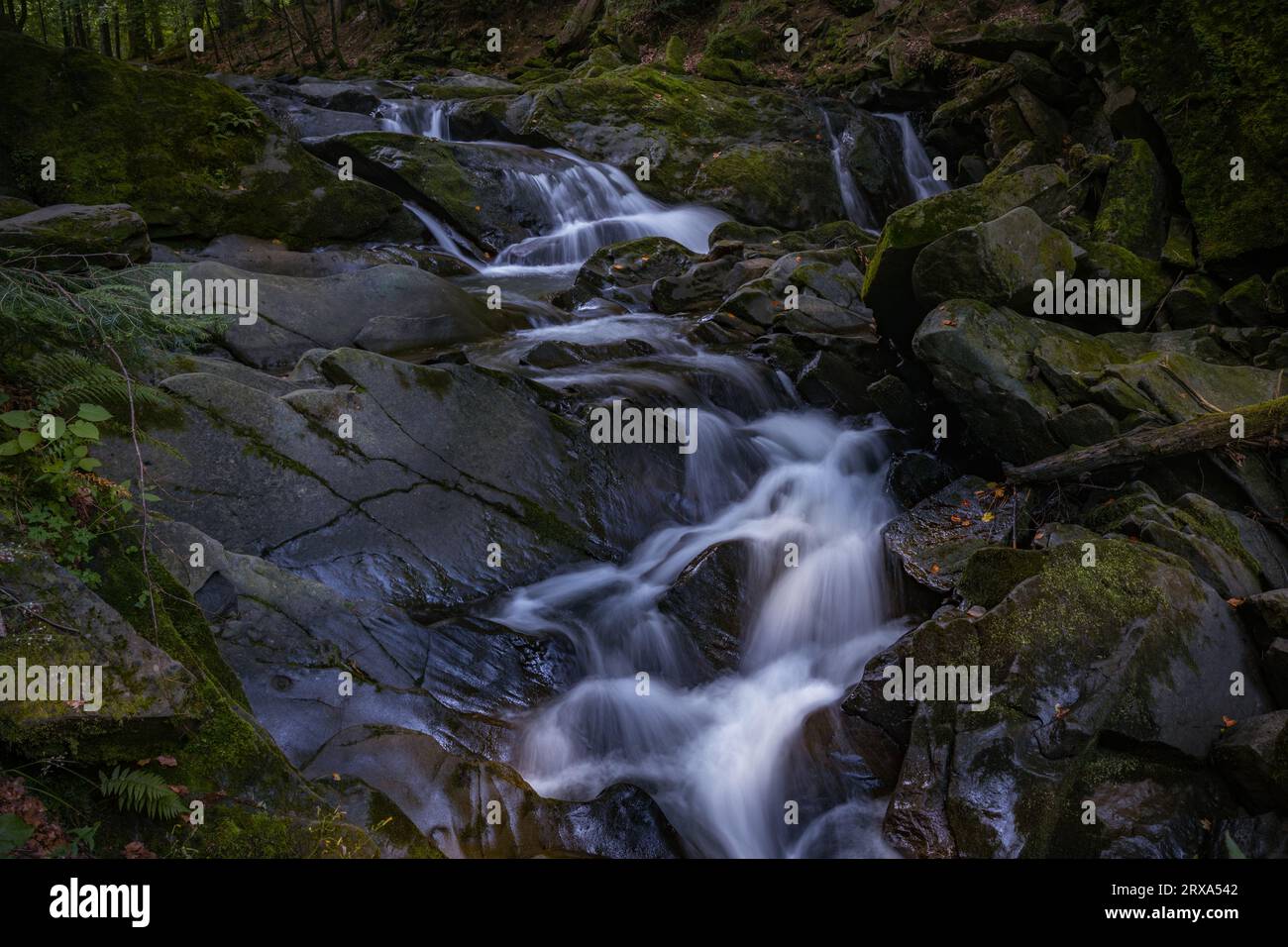 Cascata di Szepit, torrente Hylaty, Monti Bieszczady, Parco Nazionale Bieszczadzki, la regione più selvaggia della Polonia, montagne polacche e paesaggi Foto Stock