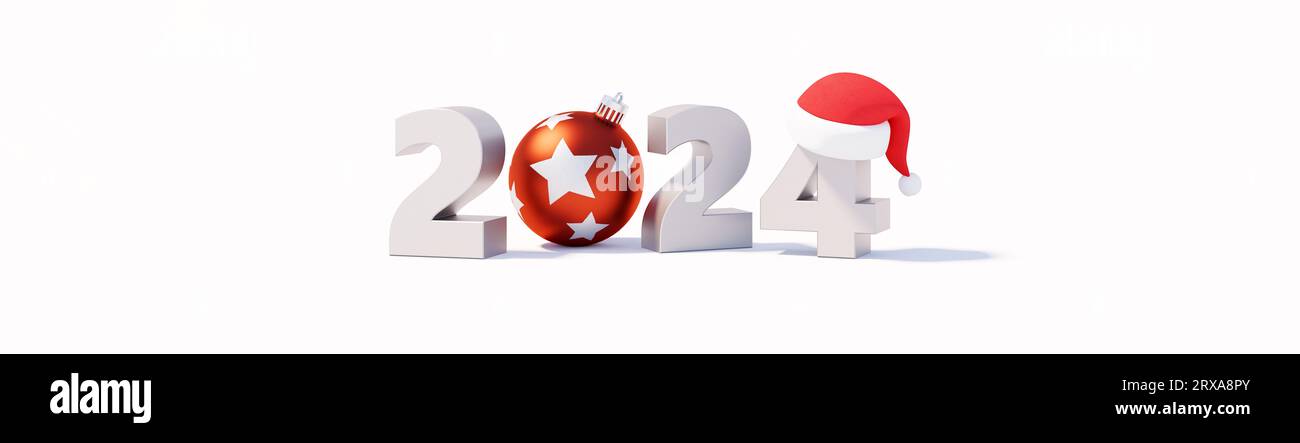 Felice anno nuovo 2024 su sfondo bianco ampio rendering 3d illustrazione 3D. Foto Stock