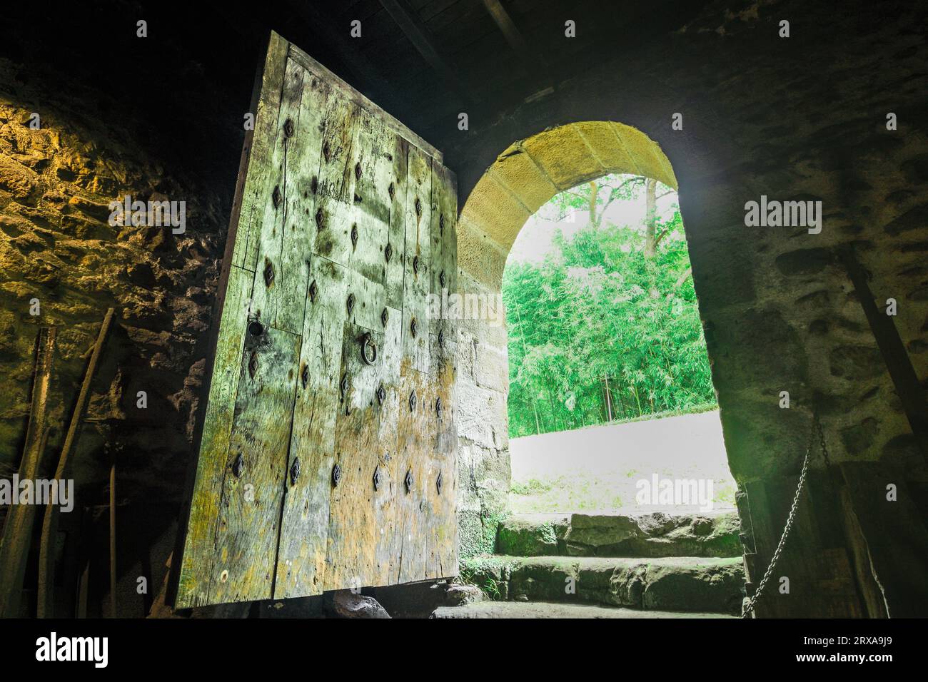 Vecchia porta in legno massiccio della ferriera El Pobal Foto Stock