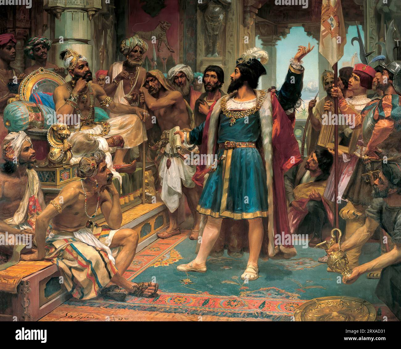 Vasco da Gama presenta una lettera del re del Portogallo al Samudrin von Calicut, Kozhikode, stato del Kerala in India, il 20 maggio 1498 Foto Stock