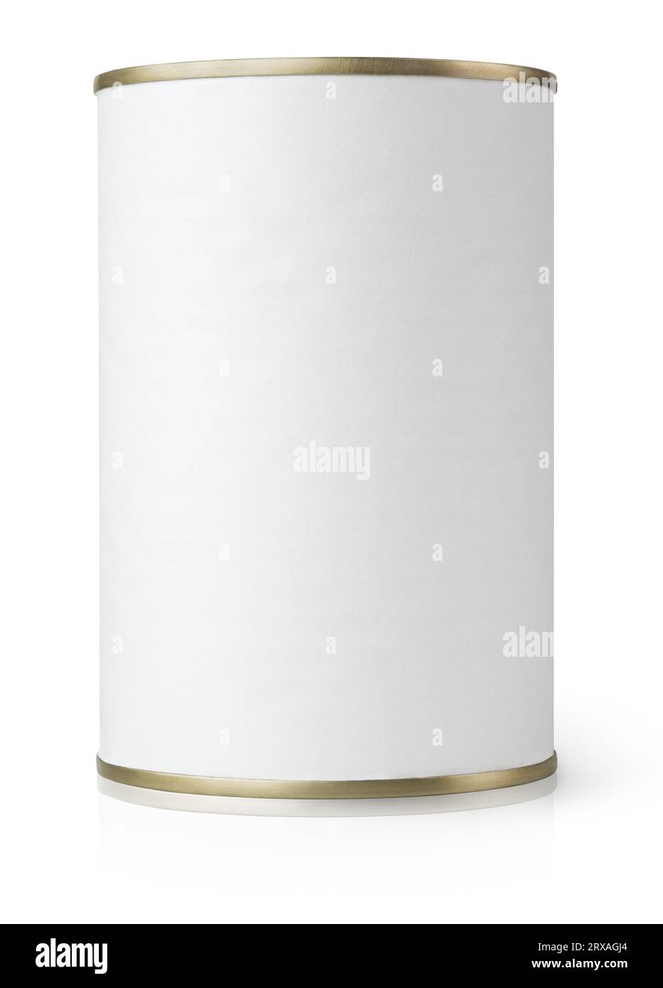La latta bianca in metallo può essere isolata su bianco con percorso di ritaglio Foto Stock