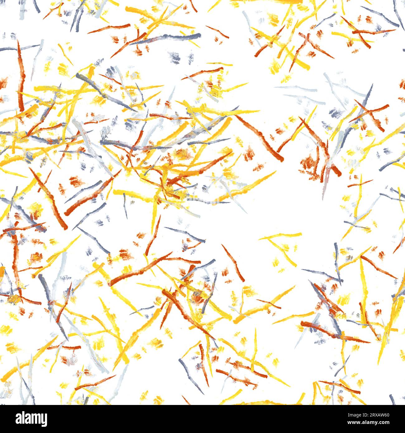Tratti di pennello ad acquerello sottili astratti. Texture giapponese. Colori giallo, arancione e blu su sfondo bianco. Ripetizione senza cuciture Foto Stock