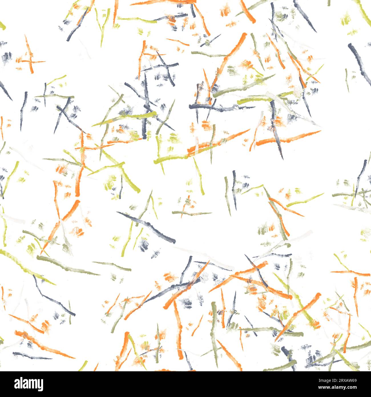 Tratti di pennello ad acquerello sottili astratti. Texture giapponese. Colori arancione, verde e grigio sullo sfondo bianco. Ripetizione senza cuciture Foto Stock