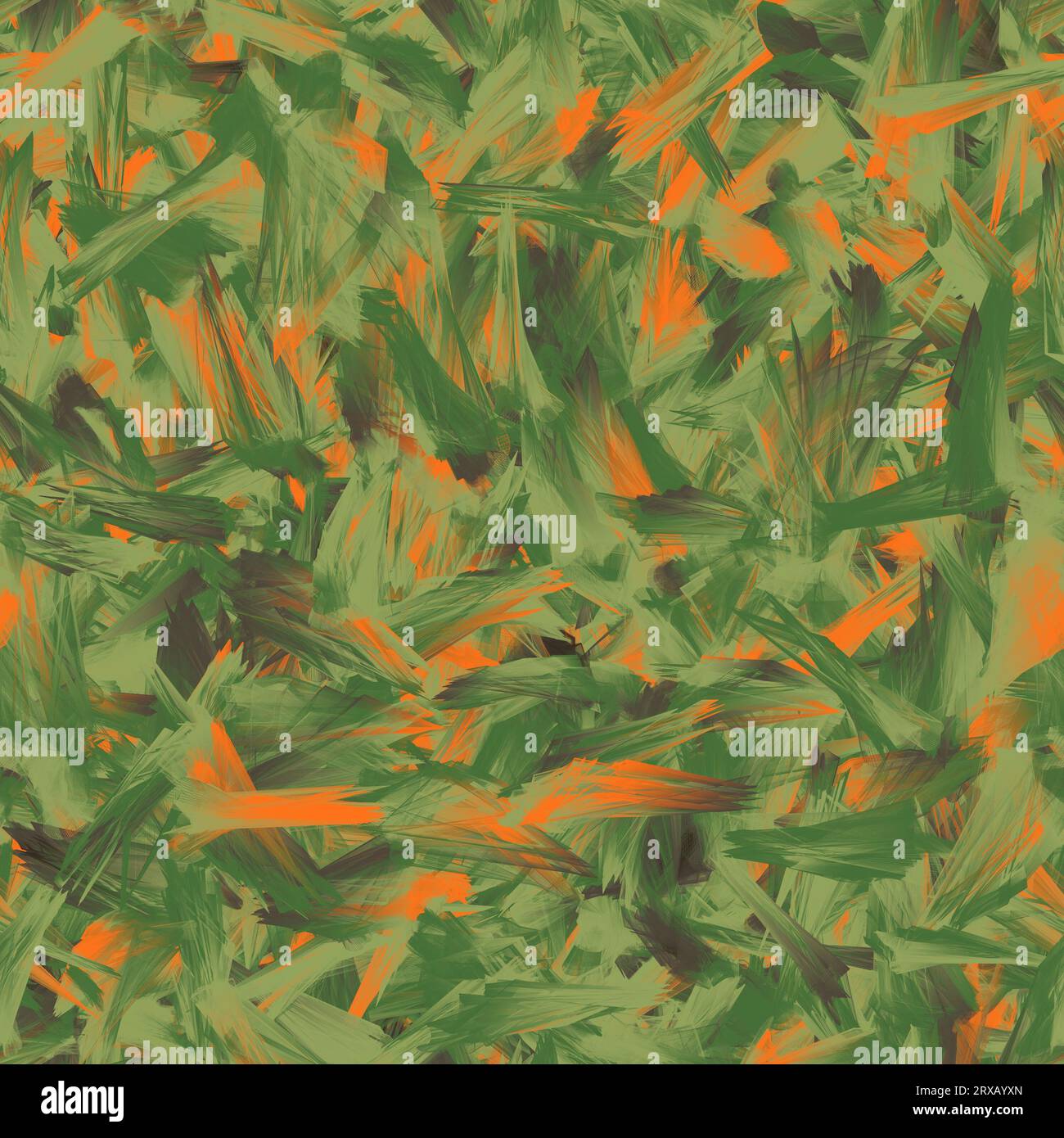 Tratti di pennello astratto verde, arancione e marrone con forme diverse. Ripetizione senza cuciture. Foto Stock