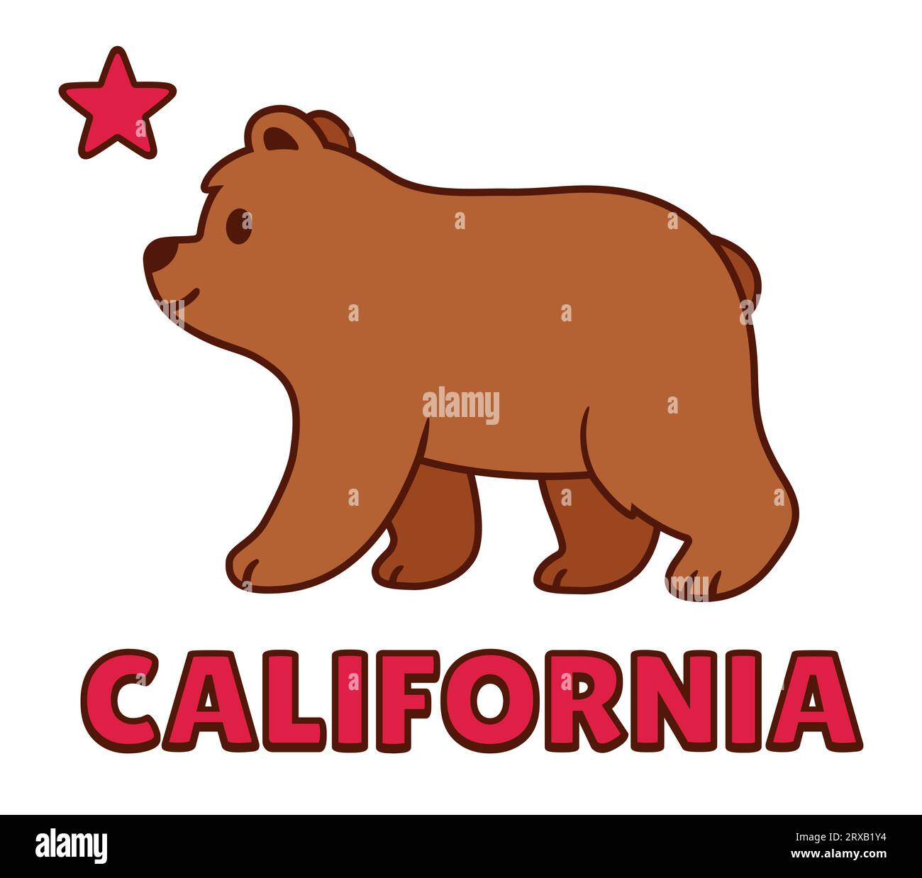 Bandiera californiana stilizzata con grazioso orsetto da cartoni animati. Orso grizzly marrone disegnato con stella rossa e testo "California". Illustrazione vettoriale. Illustrazione Vettoriale