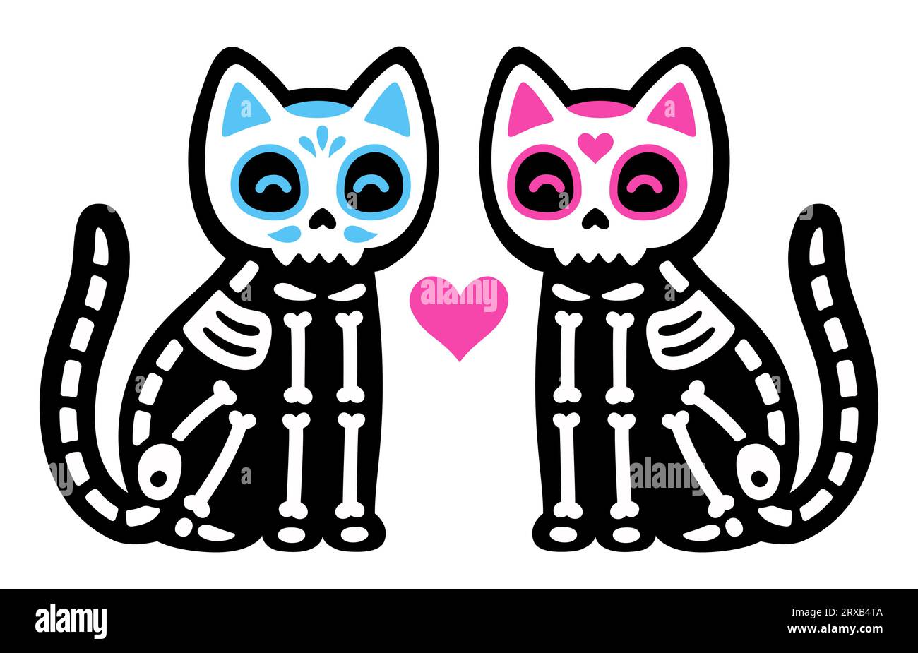 Due simpatici gatti scheletri da cartoni animati con teschi dipinti messicani. Coppia di gatti neri maschio e femmina. Dia de los Muertos (il giorno dei morti) disegno, malattia vettoriale Illustrazione Vettoriale