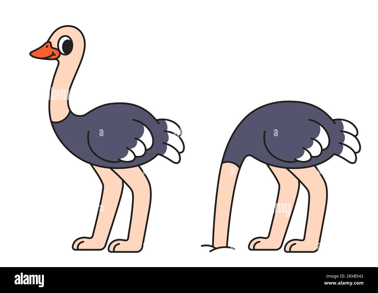 Struzzo da cartone animato in piedi e nascosto la testa nella sabbia. Divertente disegno di personaggi in stile fumetto, illustrazione di clip art vettoriale. Illustrazione Vettoriale