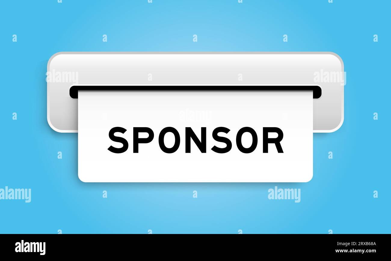 Banner coupon bianco con la parola sponsor della macchina su sfondo blu Illustrazione Vettoriale