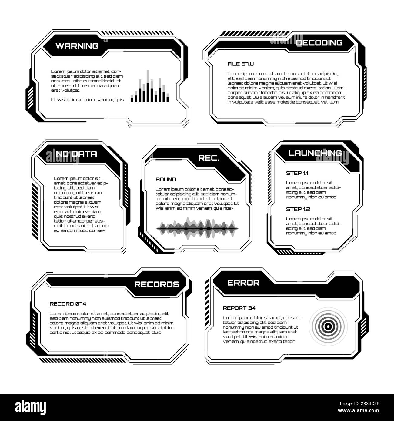 HUD futuristico nero, elementi UI. Caselle di testo e didascalie dell'interfaccia utente sci-fi. Riquadri dei messaggi di avvertenza, modello delle caselle di informazioni. Gioco moderno Illustrazione Vettoriale