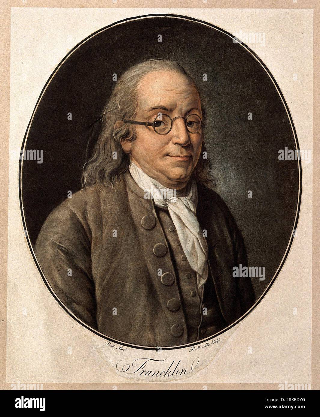 Ritratto di Benjamin Franklin, 1706 – 1790, acquatinta colorata di P. M. Alix, 1790, dopo C. P. A. van Loo. Foto Stock