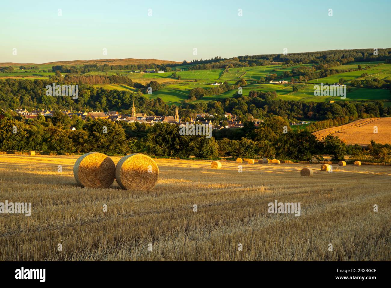 Balle di grano tondo con l'ex villaggio di tessitura dei merletti di Darvel, nell'Ayrshire orientale, visibile sullo sfondo. Foto Stock