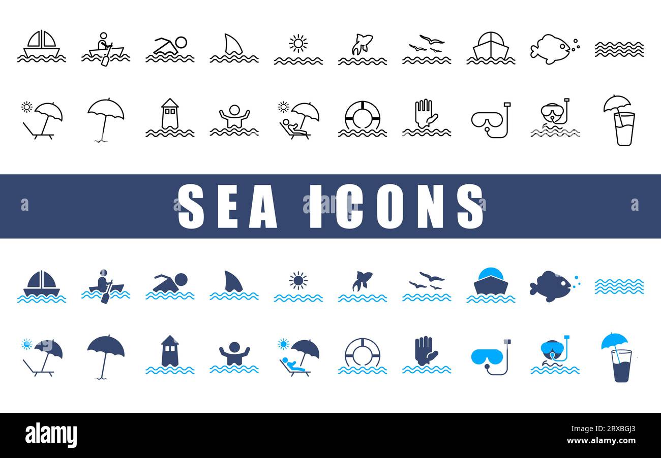 Set di icone mare ed estate. Illustrazione Vettoriale