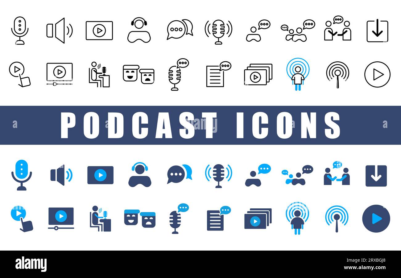 Set di icone podcast. Illustrazione Vettoriale