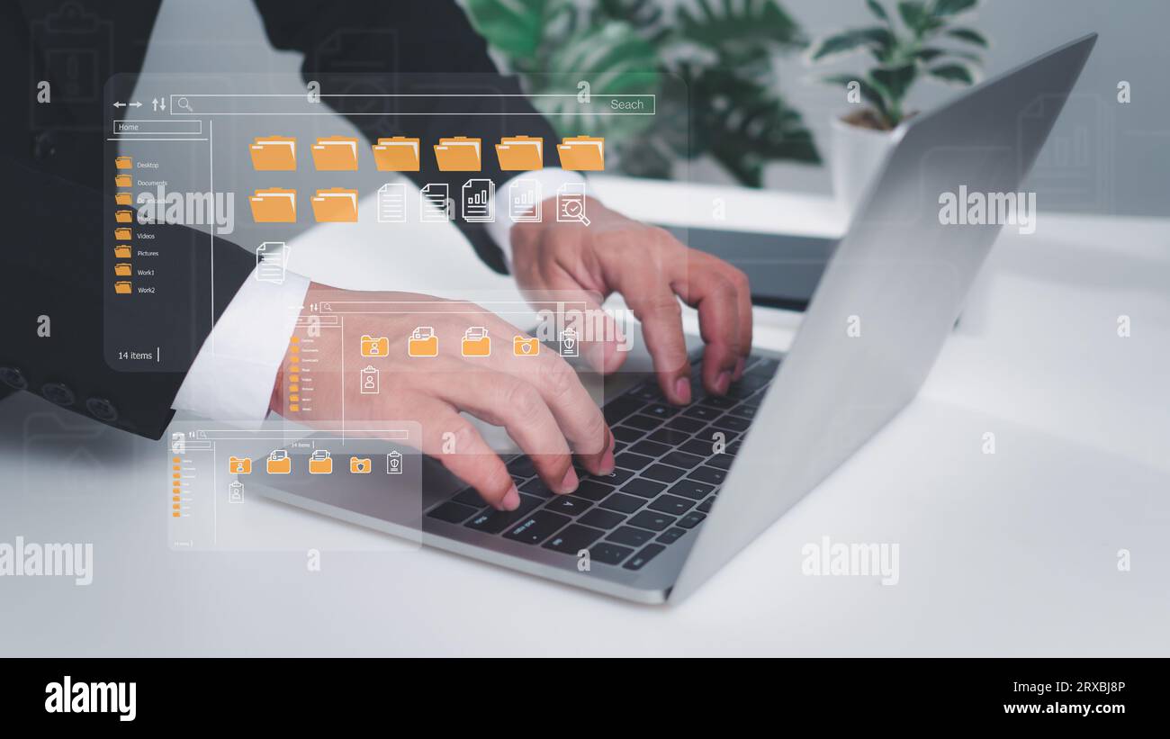 Sistema di gestione dei documenti cartella DMS Apri la cartella dei file con documenti volanti vuoti con il computer. Backup trasferimento dati, Condivisione documenti, trasferimento documenti Foto Stock