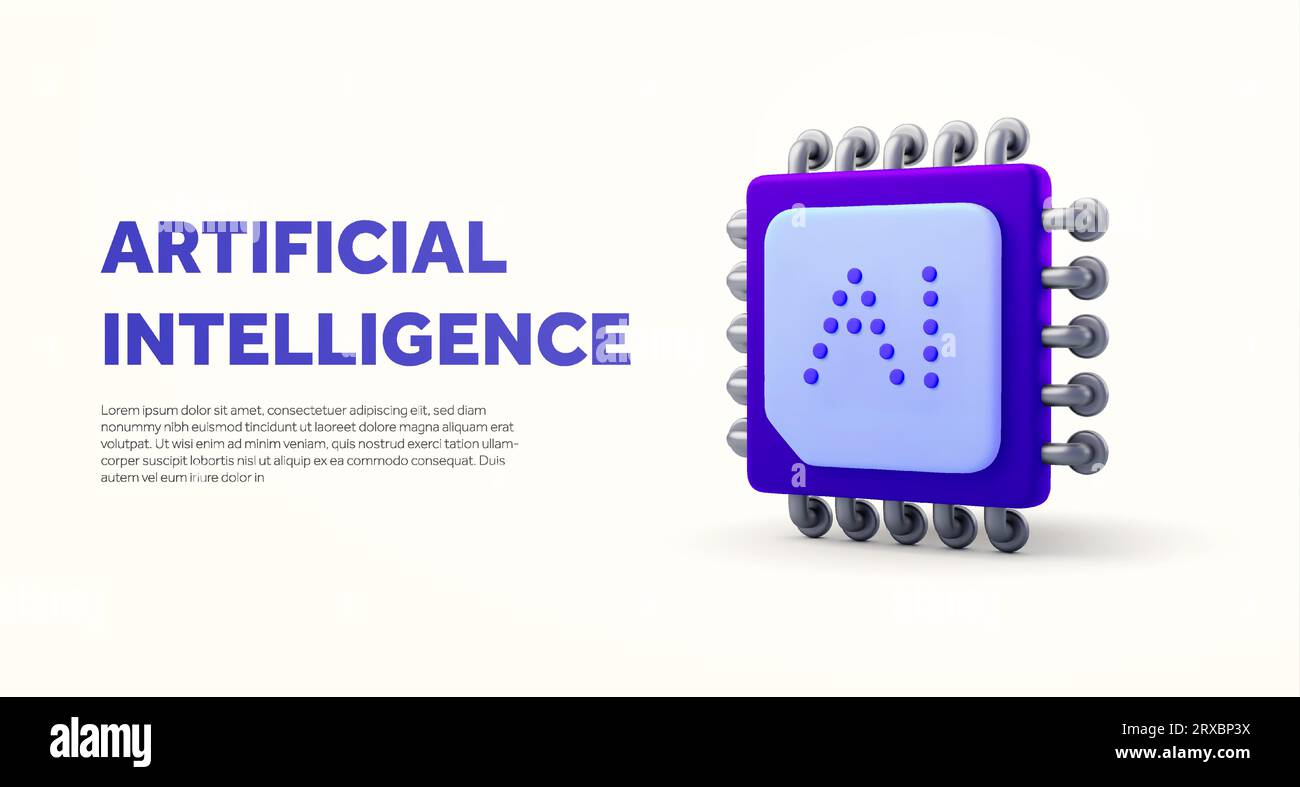 Modello banner di intelligenza artificiale con chip CPU viola. Informazioni sulla landing page. Icona della CPU basata su IA con rendering 3d isolata su sfondo bianco. Illustrazione vettoriale 3D. Illustrazione vettoriale Illustrazione Vettoriale