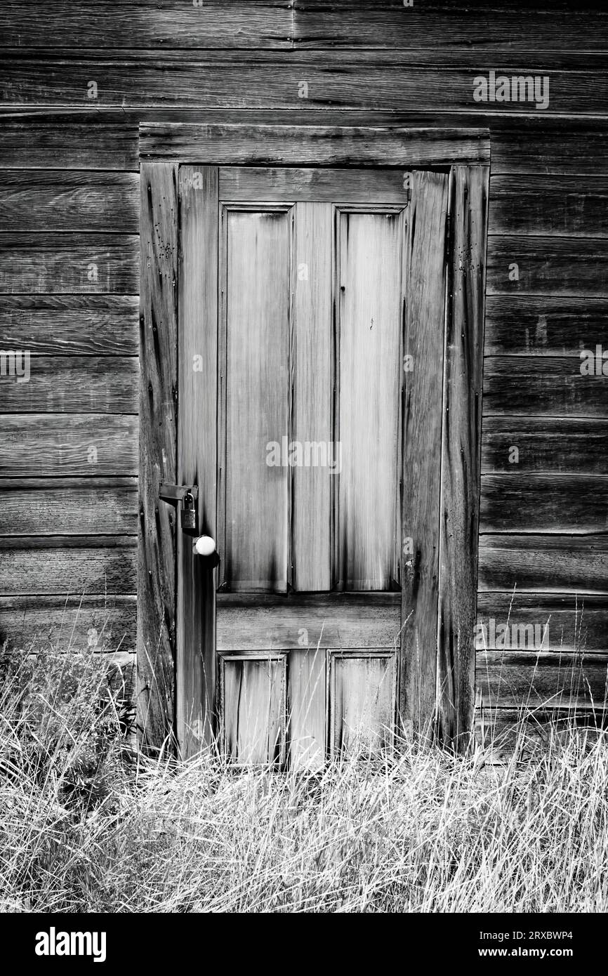 Porta in legno dilapidata e lavorata in bianco e nero Foto Stock