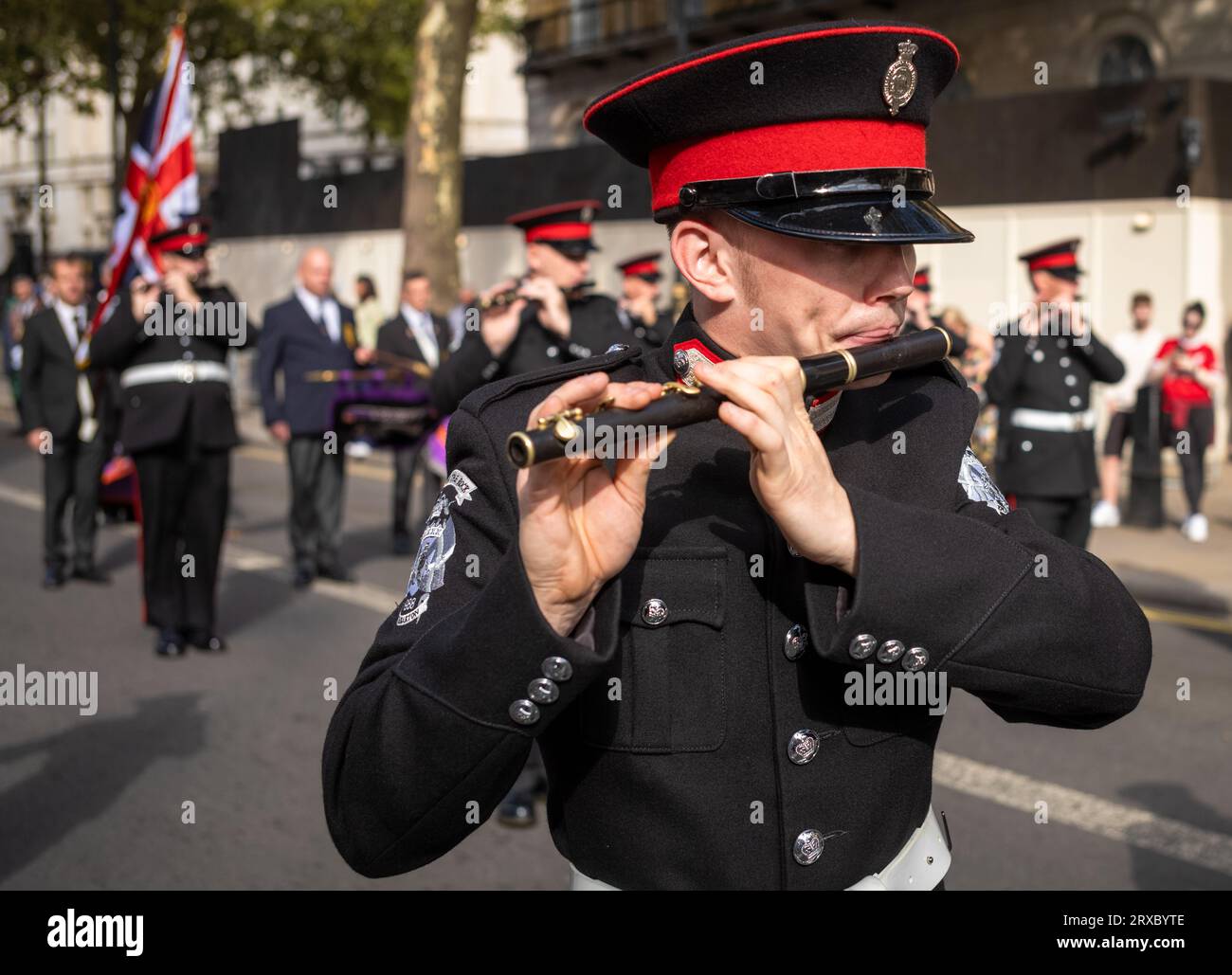 Un membro della banda paramilitare protestante irlandese Ulster Volunteer Force (UVF) suona il flauto al Cenotaph War Memorial a Whitehall, Londra Foto Stock