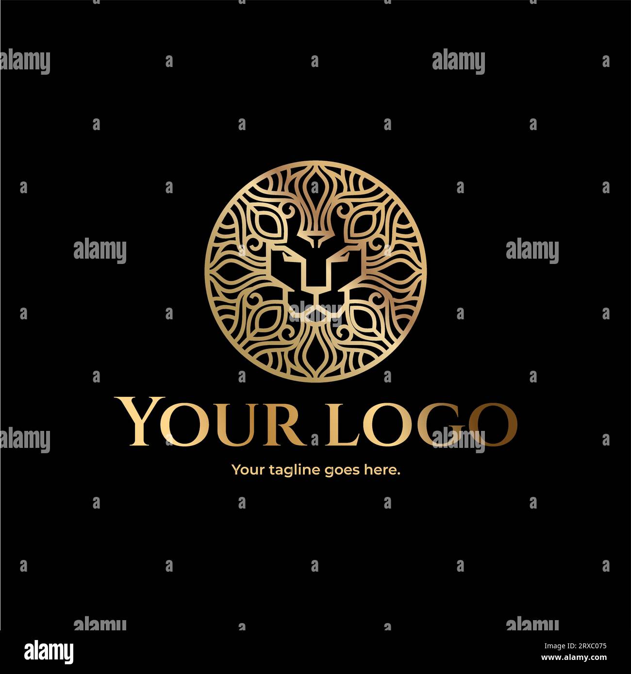 Illustrazione della testa di leone dorato. Design con logo Lion Luxury Illustrazione Vettoriale