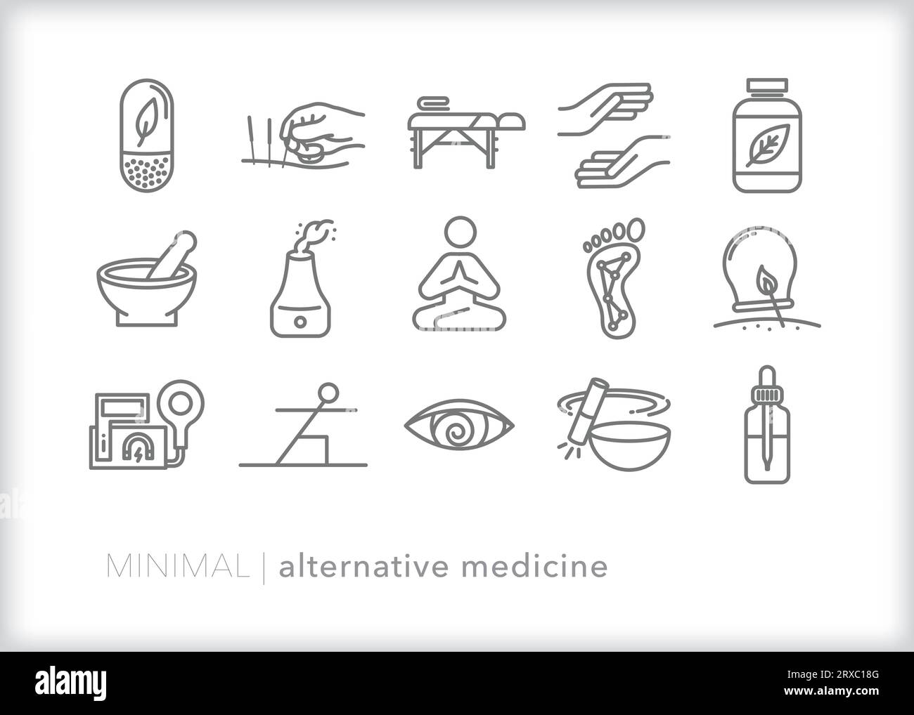 Insieme di medicina alternativa delineano icone per praticare uno stile di vita naturale, olistico, omeopatico e sano Illustrazione Vettoriale