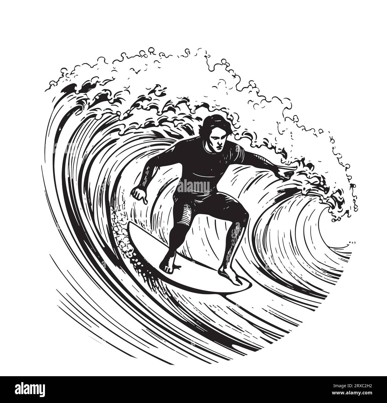 Disegna il logo Surfer on the Waves disegnato a mano in grafica Illustrazione Vettoriale