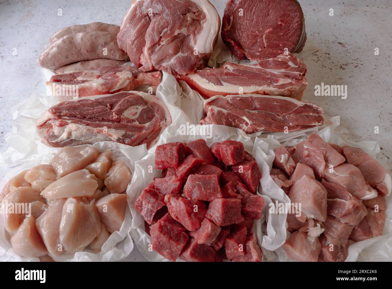 Selezione di carne cruda di maiale, manzo, pollo, agnello. Presentato su un blocco di marmo. Foto Stock