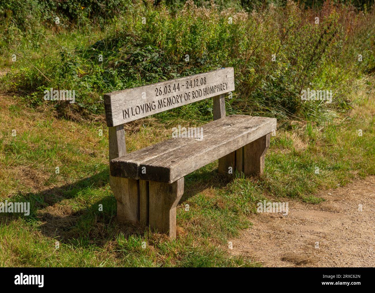 Memorial bench a Hatton Locks, Warwickshire, Regno Unito. Foto Stock