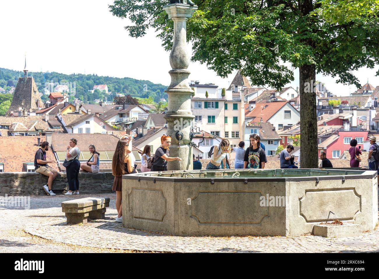 Fontana, Lindenhof, città vecchia Altstadt, città di Zürich, Zürich, Svizzera Foto Stock