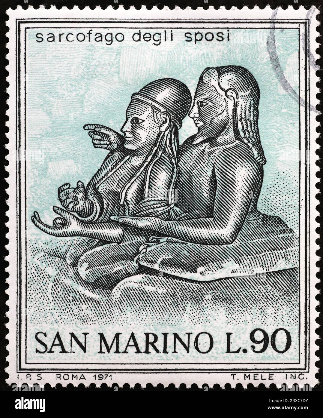 Il sarcofago degli sposi, capolavoro dell'arte etrusca, su francobollo Foto Stock