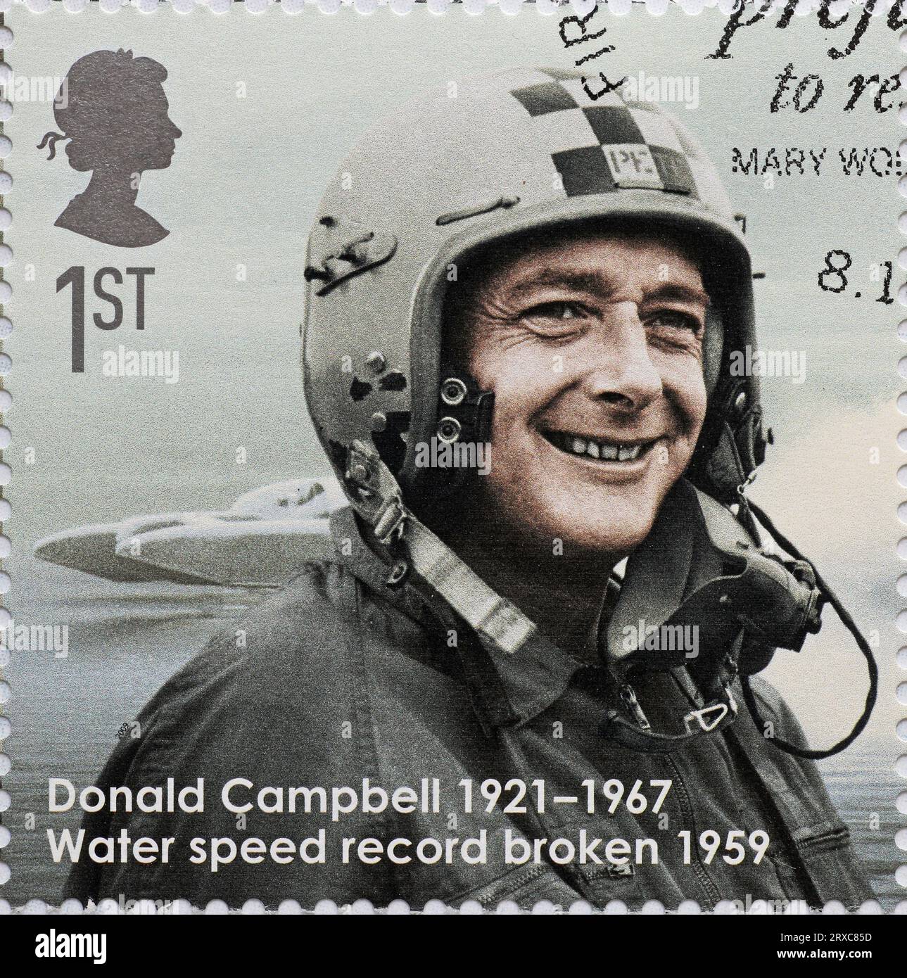 Il registratore di velocità dell'acqua Donald Campbell sul francobollo britannico Foto Stock